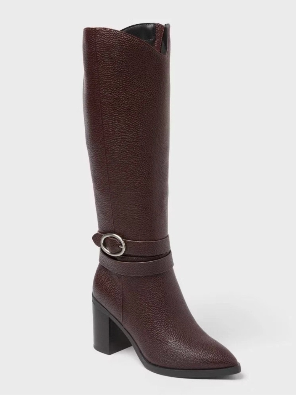 NWB A New Day Burgundy Knee-High Buckle Strap Block Heel Boot- memory foam